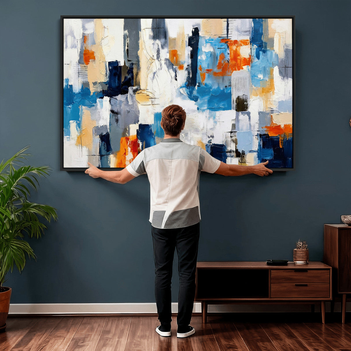 Blue Teal Abstract Canvas Wall Art, Modern Textured Painting Print, Navy Orange White Contemporary Art, Neutral Living Room Decor, Office Art