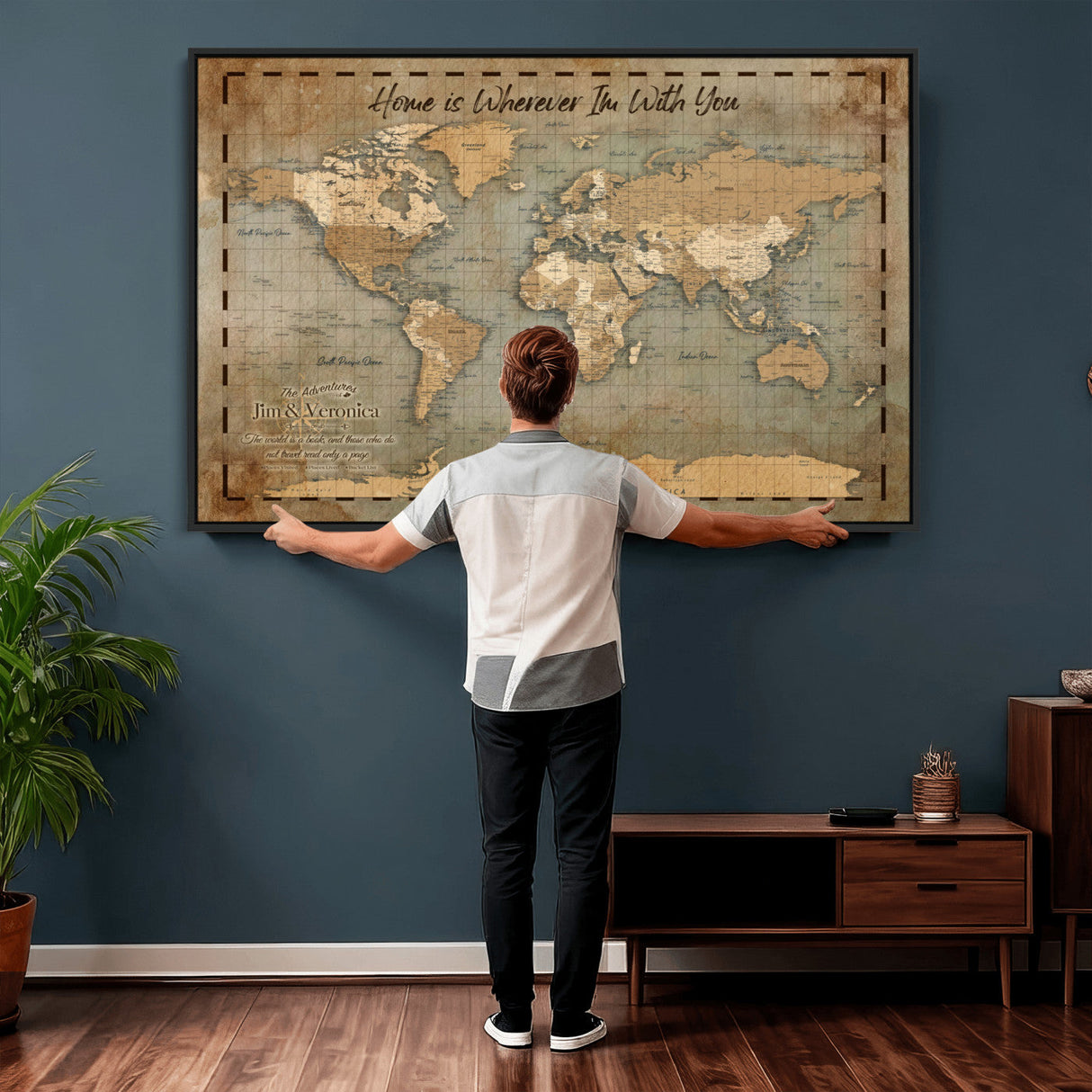 Vintage Personalized Push Pin World Map, Vintage Travel Map Canvas, Custom Names Anniversary Gift, Places Visited Pin Board, Couples Adventure Art