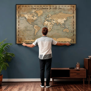 Vintage Personalized Push Pin World Map, Vintage Travel Map Canvas, Custom Names Anniversary Gift, Places Visited Pin Board, Couples Adventure Art