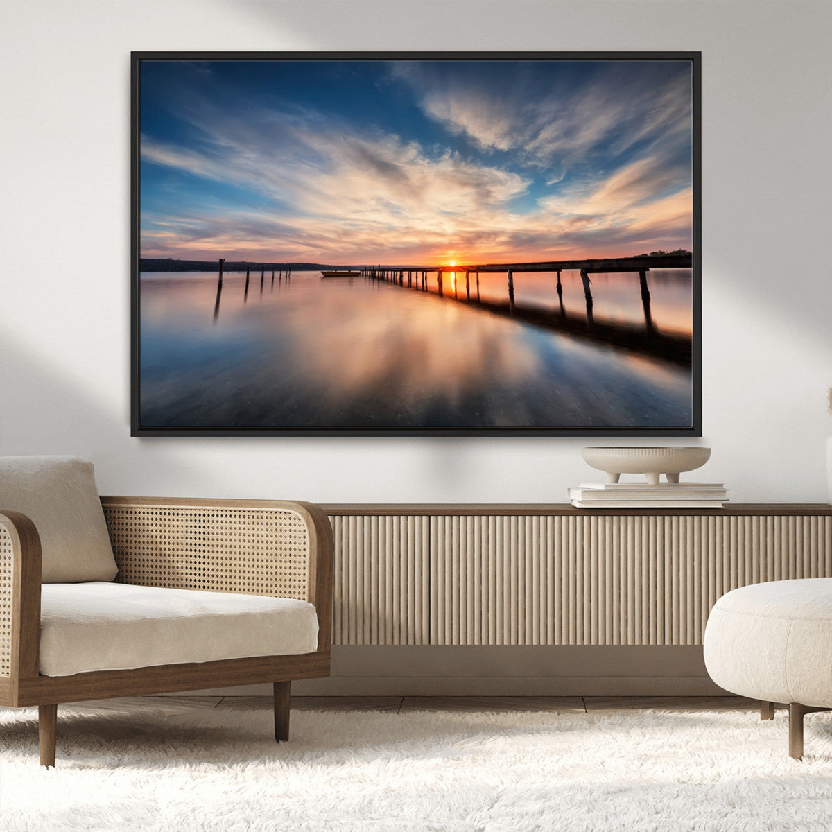 Wooden Pier on Seascape and Sunset Wall Art Canvas Print