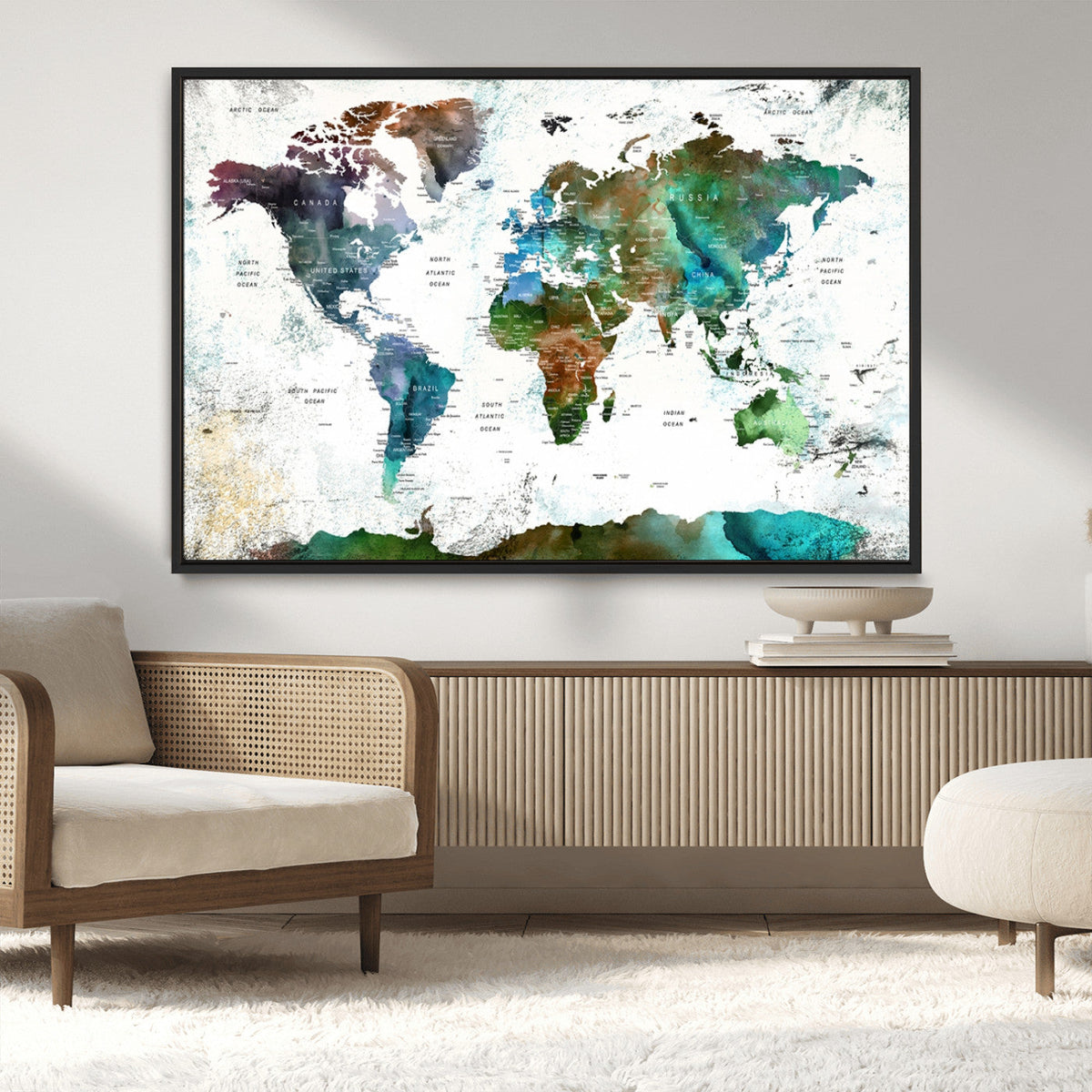 Modern Watercolor World Map Canvas Wall Art – Framed