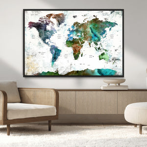 Modern Watercolor World Map Canvas Wall Art – Framed
