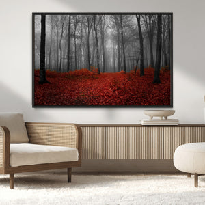 Red Forest Floor Canvas Wall Art – Mystical Foggy Woodland