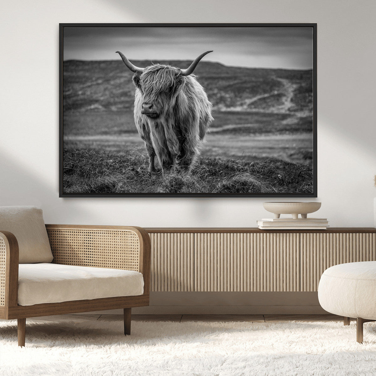 Fluffy Cattle Wall Art Print, Highland Cow Canvas, Framed