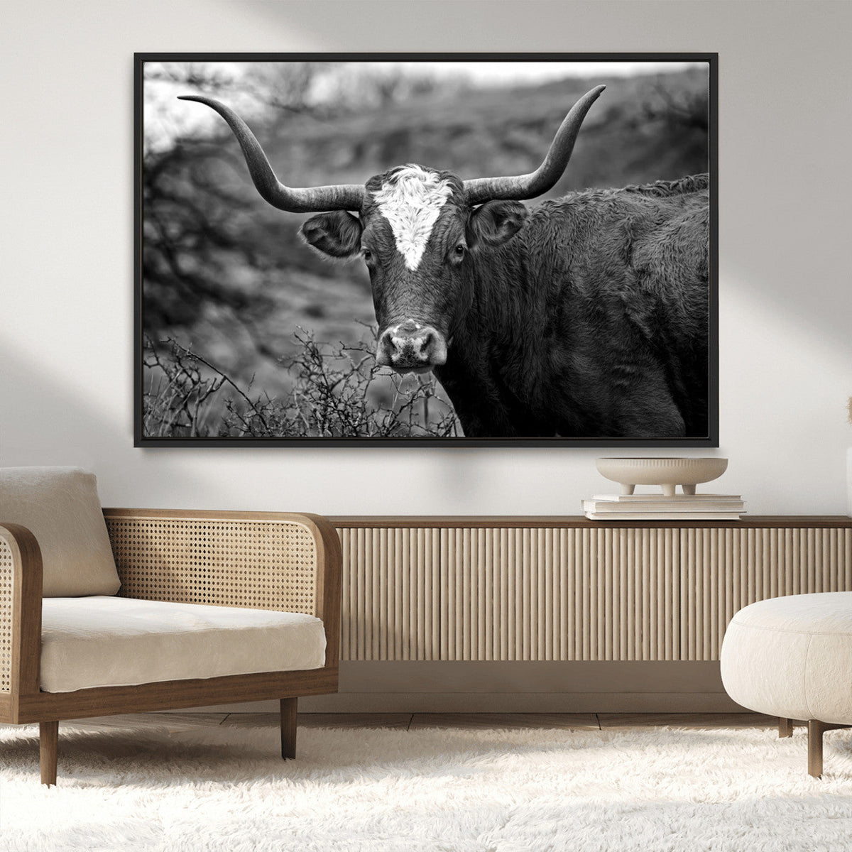 Western Home Wall Art Canvas Print, Framed Texas Longhorn
