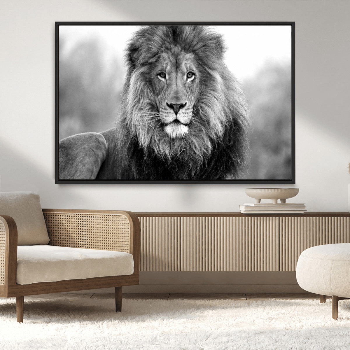 Black and White Lion Canvas Wall Art – Animal Print Artwork