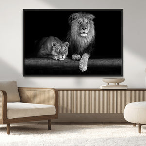Large Black and White Lion Couple Wall Art Canvas Print –
