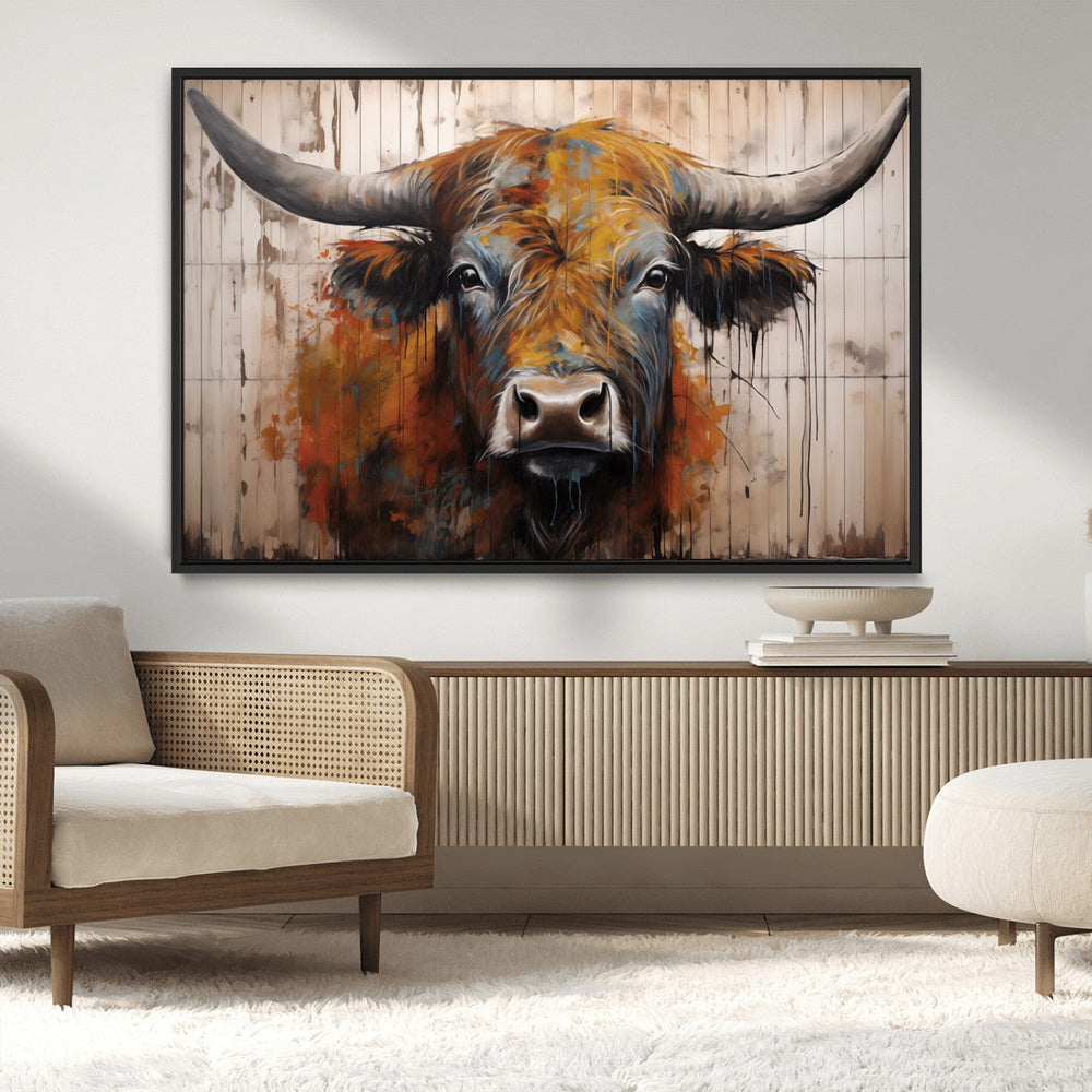 Scottish Highland Cow Cattle Art Print on Wood Style