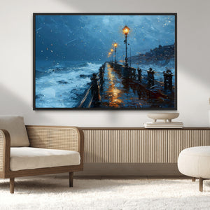 Stormy Night at Beach Pier Oil Painting Large Wall Art