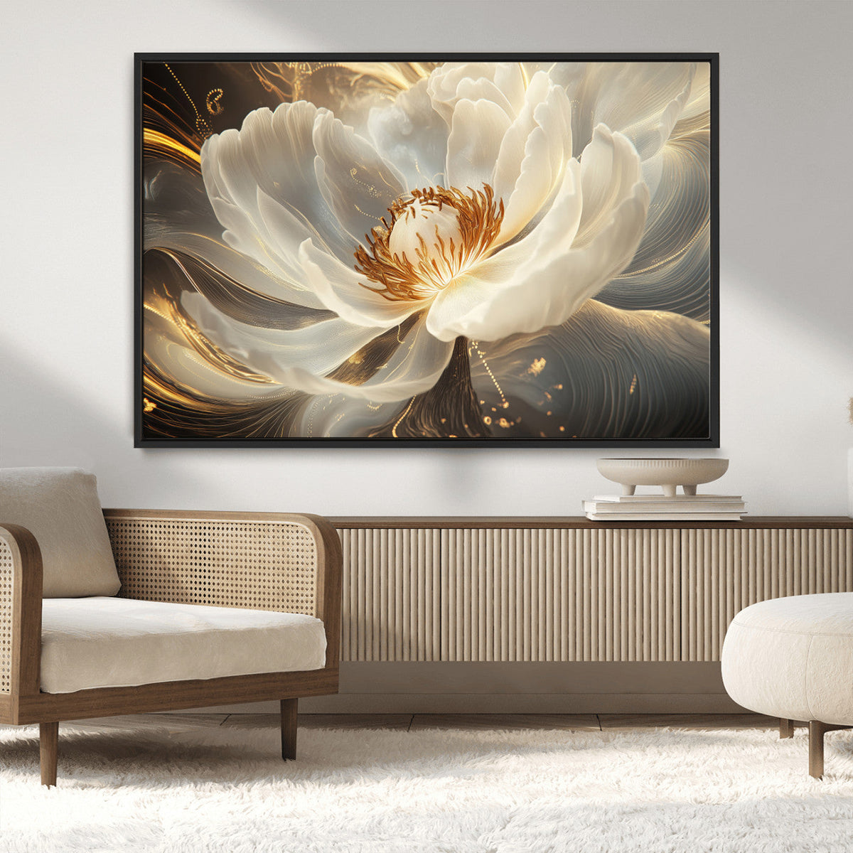 Gold Floral Wall Art Canvas Print, Framed Modern Flower Art