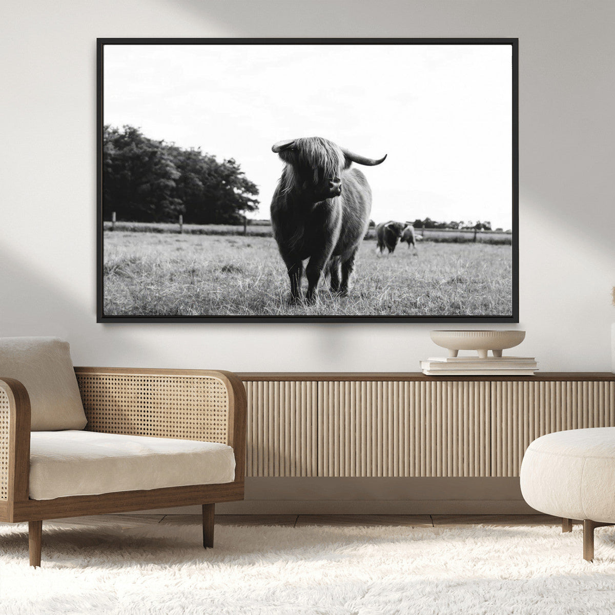 Black and White Highland Cow Wall Art Canvas Print | Rustic