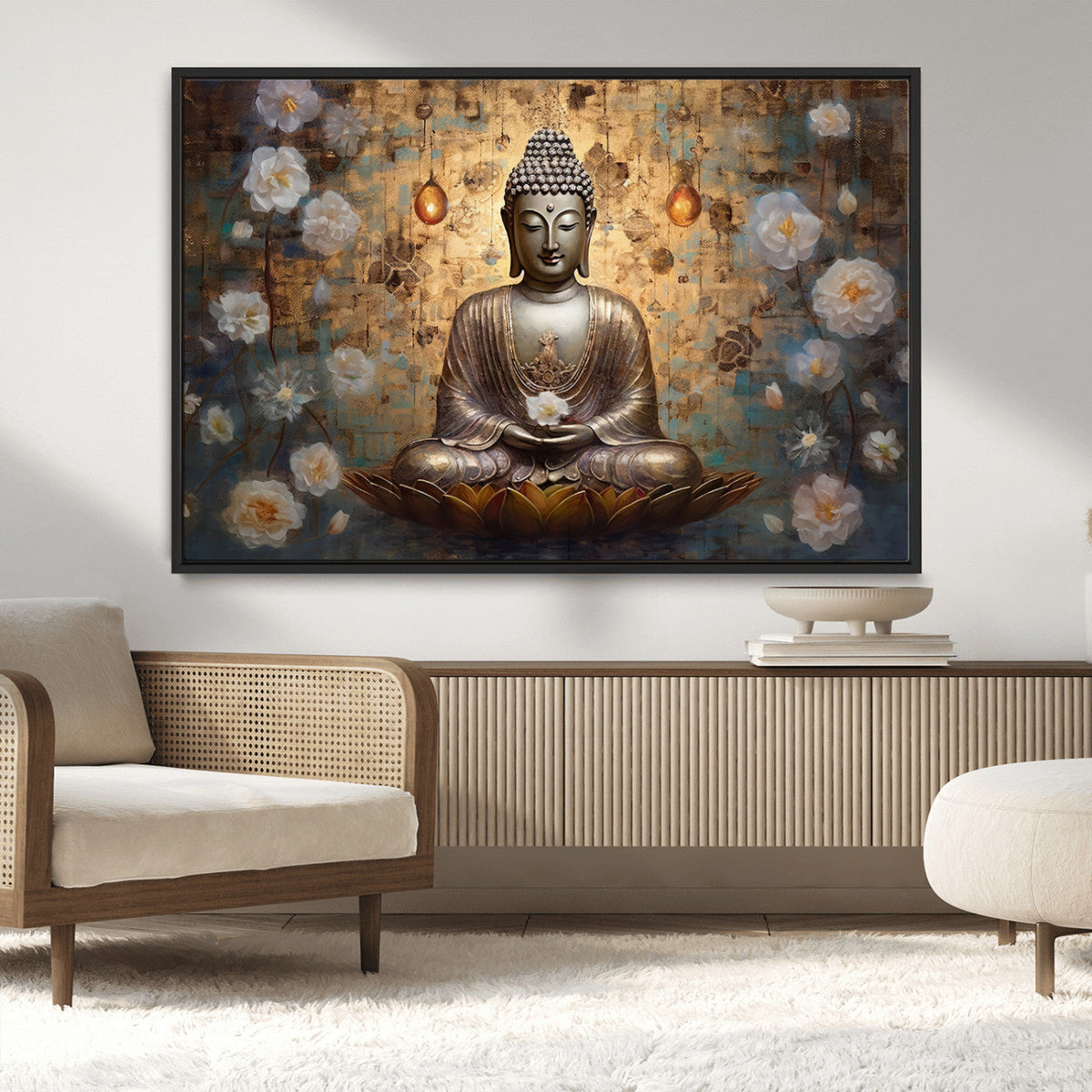 Golden Buddha Wall Art Canvas Print | Zen Meditation Floral