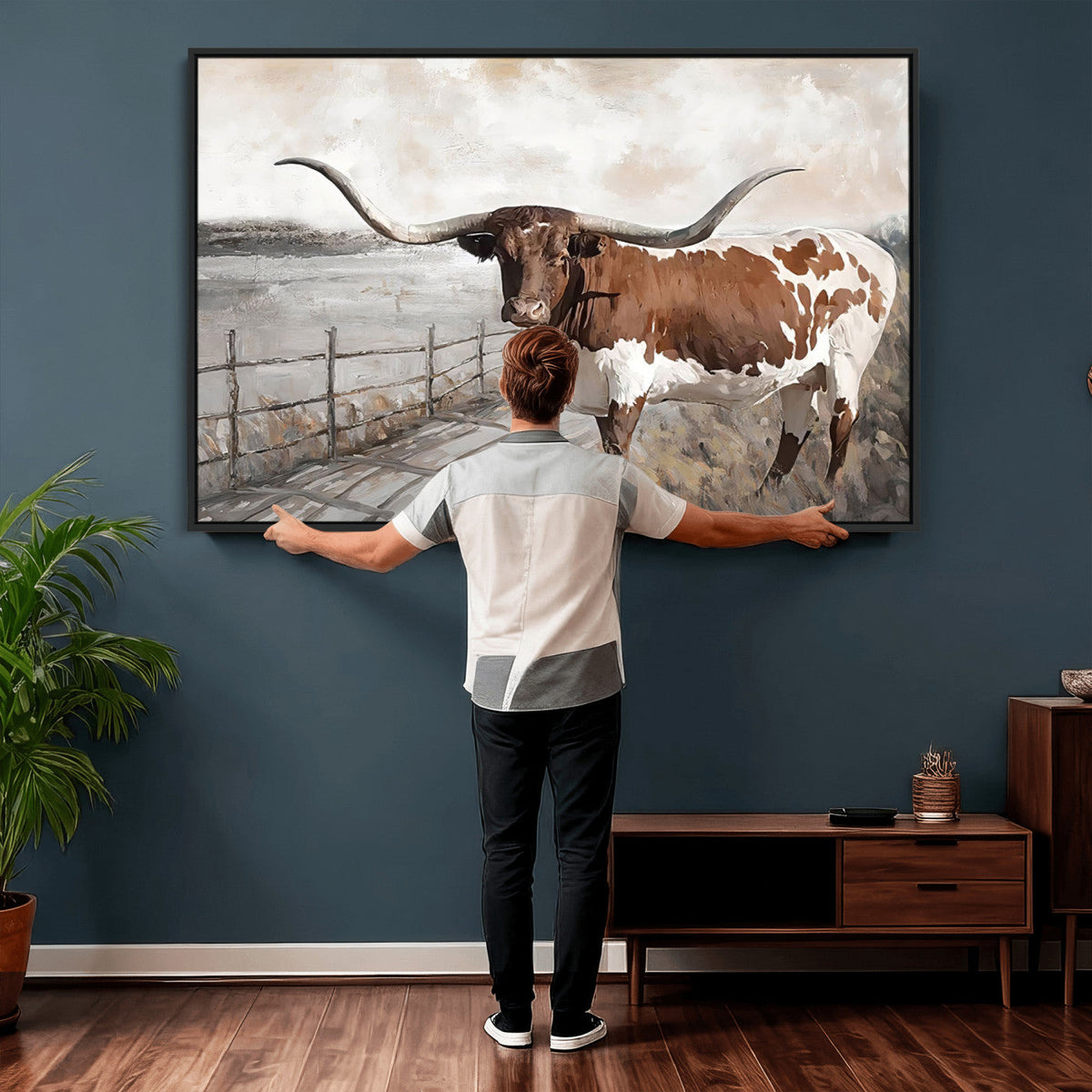 Vintage Texas Cow Wall Art Canvas Print, Rustic Longhorn