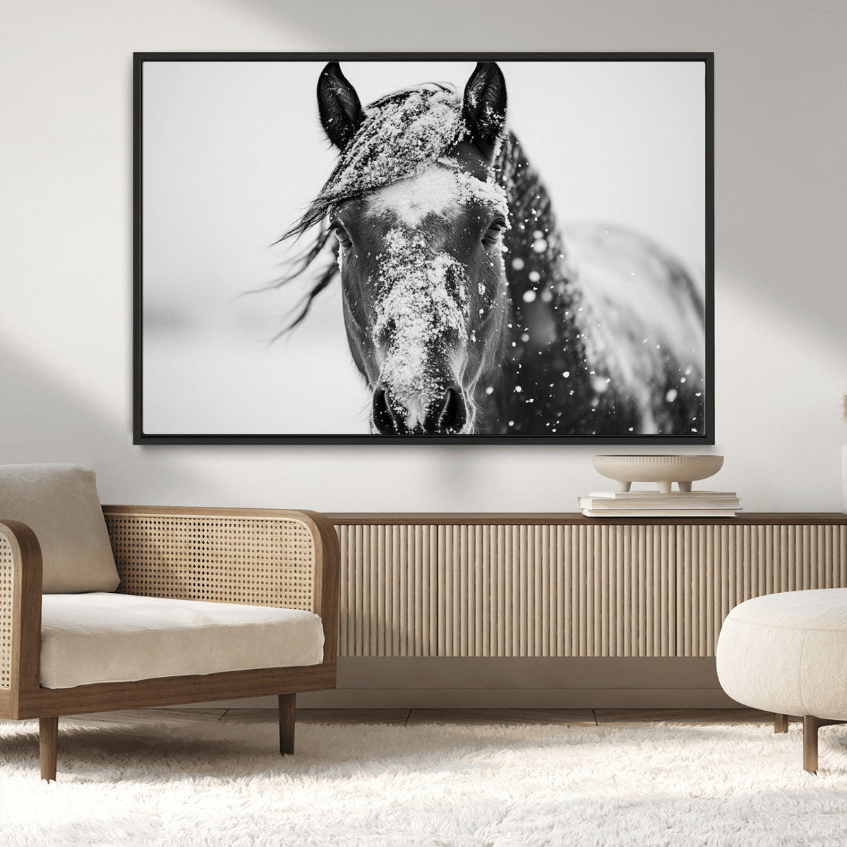 Western Wall Art | Black and White Winter Horse Wall Art |