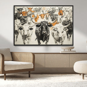 Farmhouse Wall Art | Western Longhorn Cattle Canvas Print |