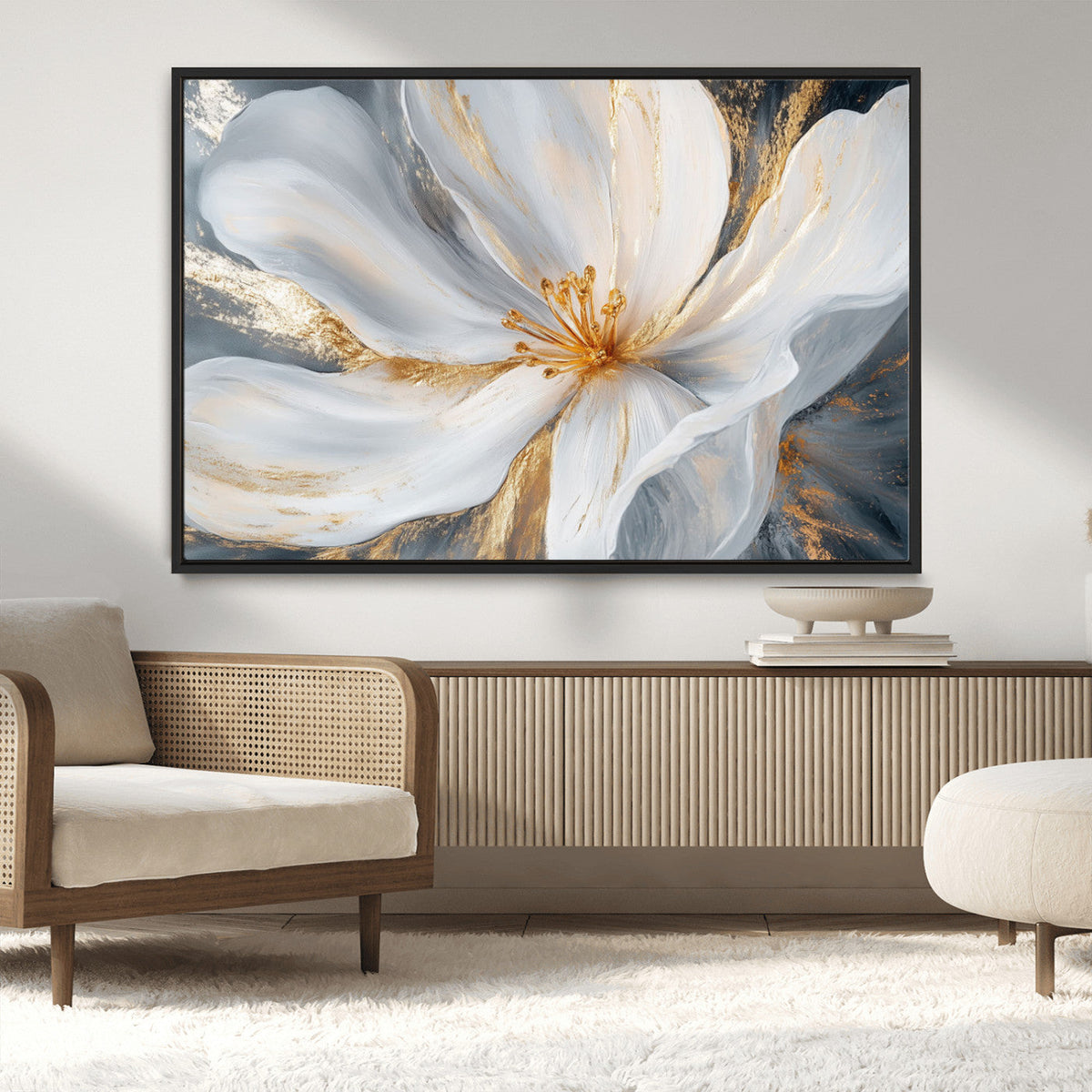 White and Gold Floral Canvas Wall Art - Framed and Ready to