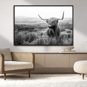 Scottish Highland Cow Wall Art | Black and White Canvas