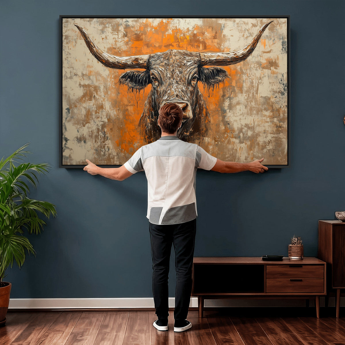 Abstract Cow Longhorn Bull Wall Art Canvas Print - Rustic
