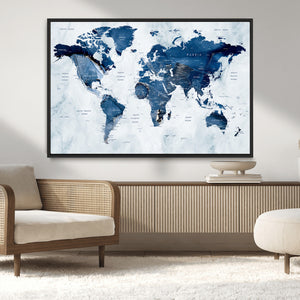 Modern Blue World Map Canvas Print – Framed Wall Art,