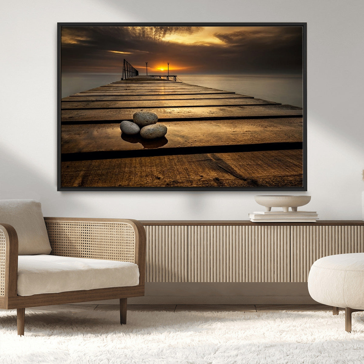 Stones on Wooden Pier at Sunset Canvas Print, Serene Coastal