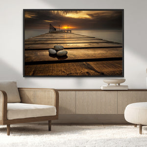 Stones on Wooden Pier at Sunset Canvas Print, Serene Coastal