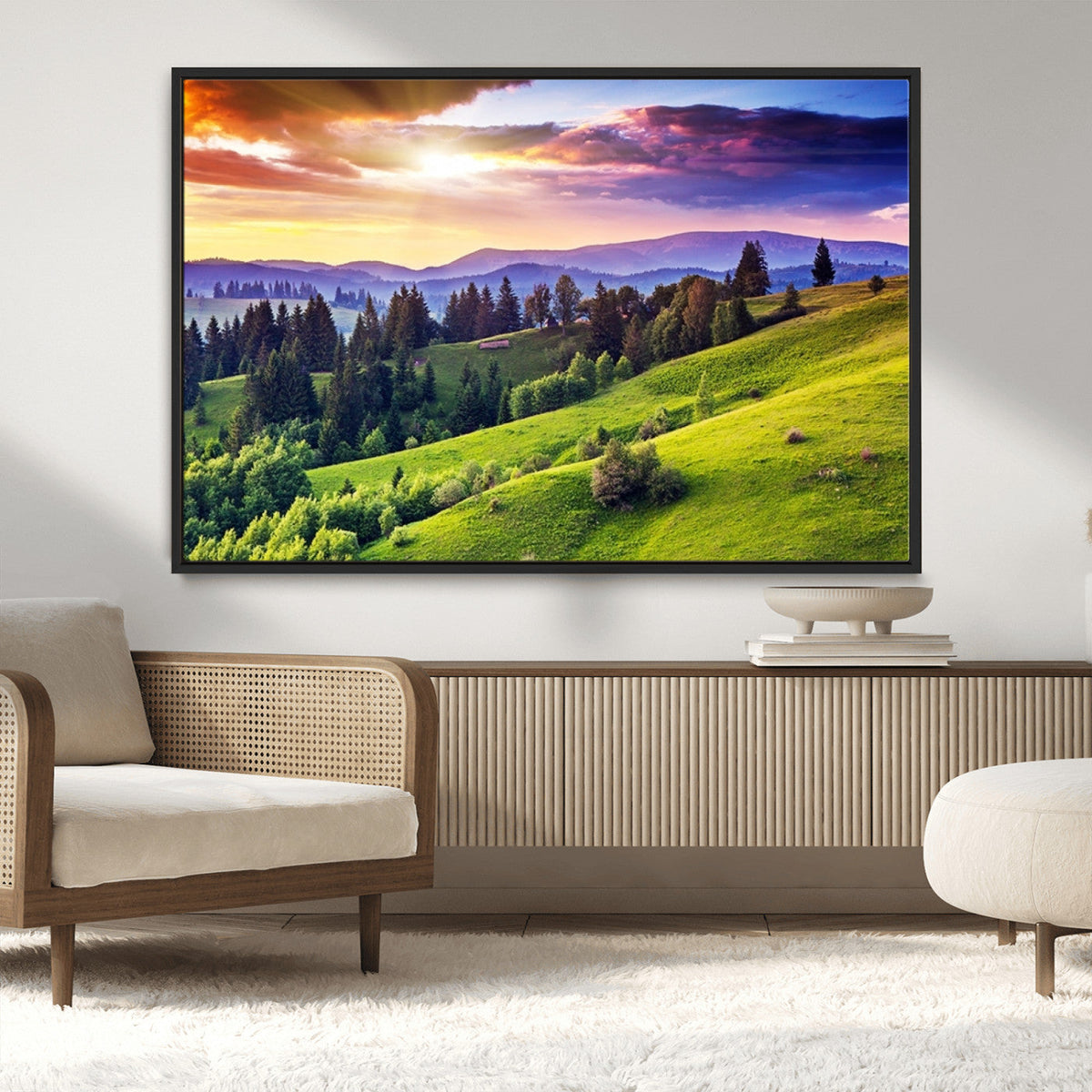 Green Hills and Sunset Wall Art Print - Scenic Landscape