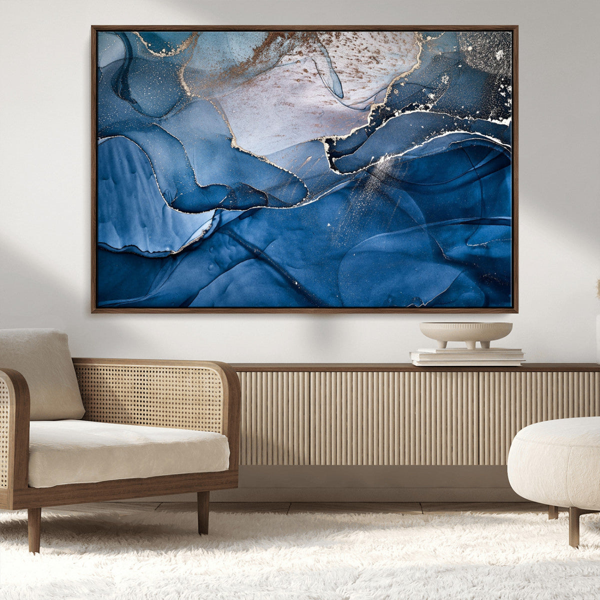Navy Blue Canvas Art Abstract Print – Elegant Triptych