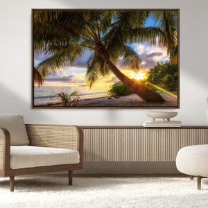 Tropical Island Sunset on the Beach Palms Wall Art Canvas