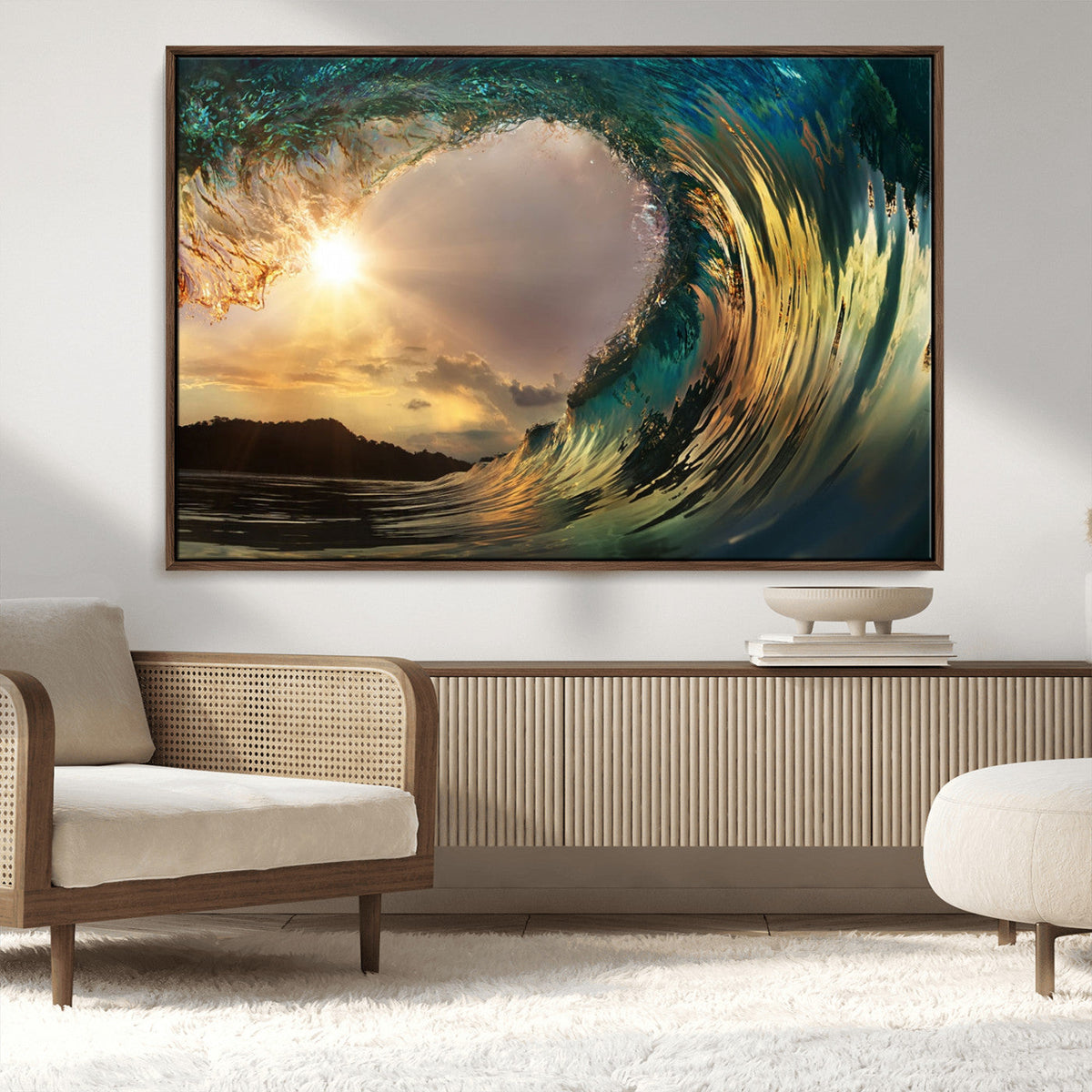Golden Wave Sunset Canvas Print – Large Coastal Wall Art for