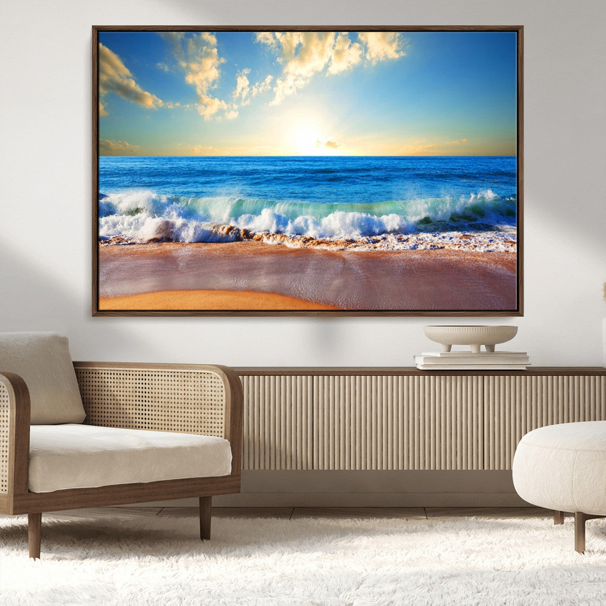 Tropical Beach Sunset Canvas Art, Ocean Waves and Sandy