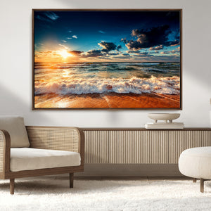 Golden Hour Sunset Over Ocean Waves Wall Art Canvas Print |