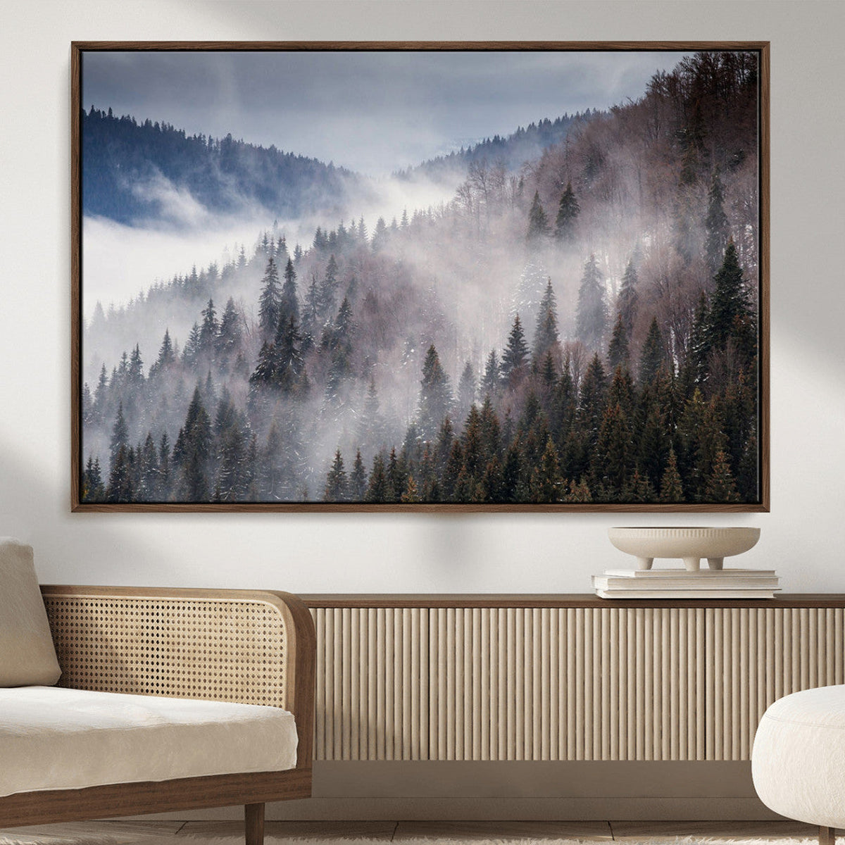 Beautiful Rising Fog in Winter Mountain Landscape- Framed