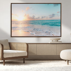 Tranquil Ocean Beach Sunset Canvas Wall Art | 3-Panel