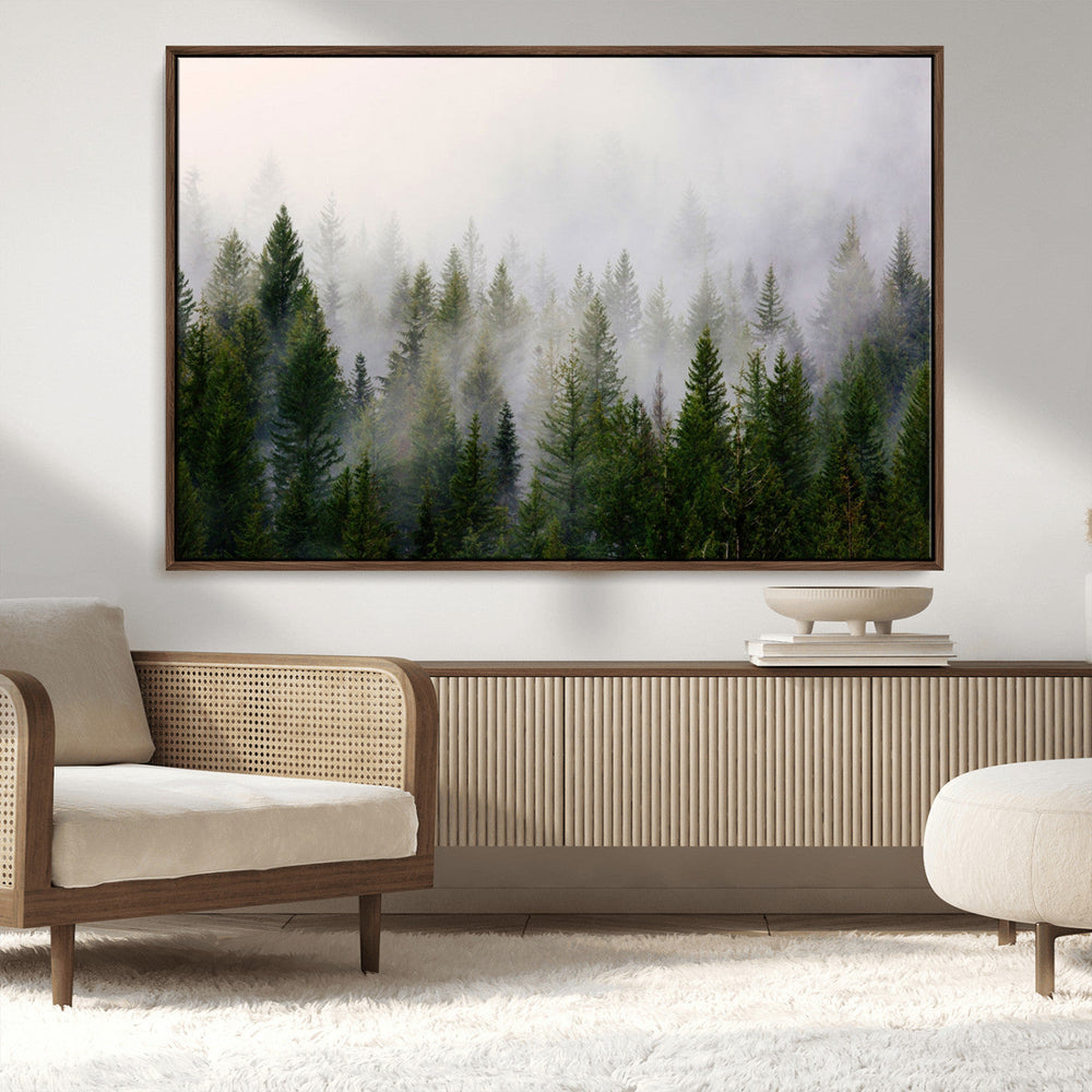 Misty Pine Forest Wall Art Canvas Print | 3 Panel Green