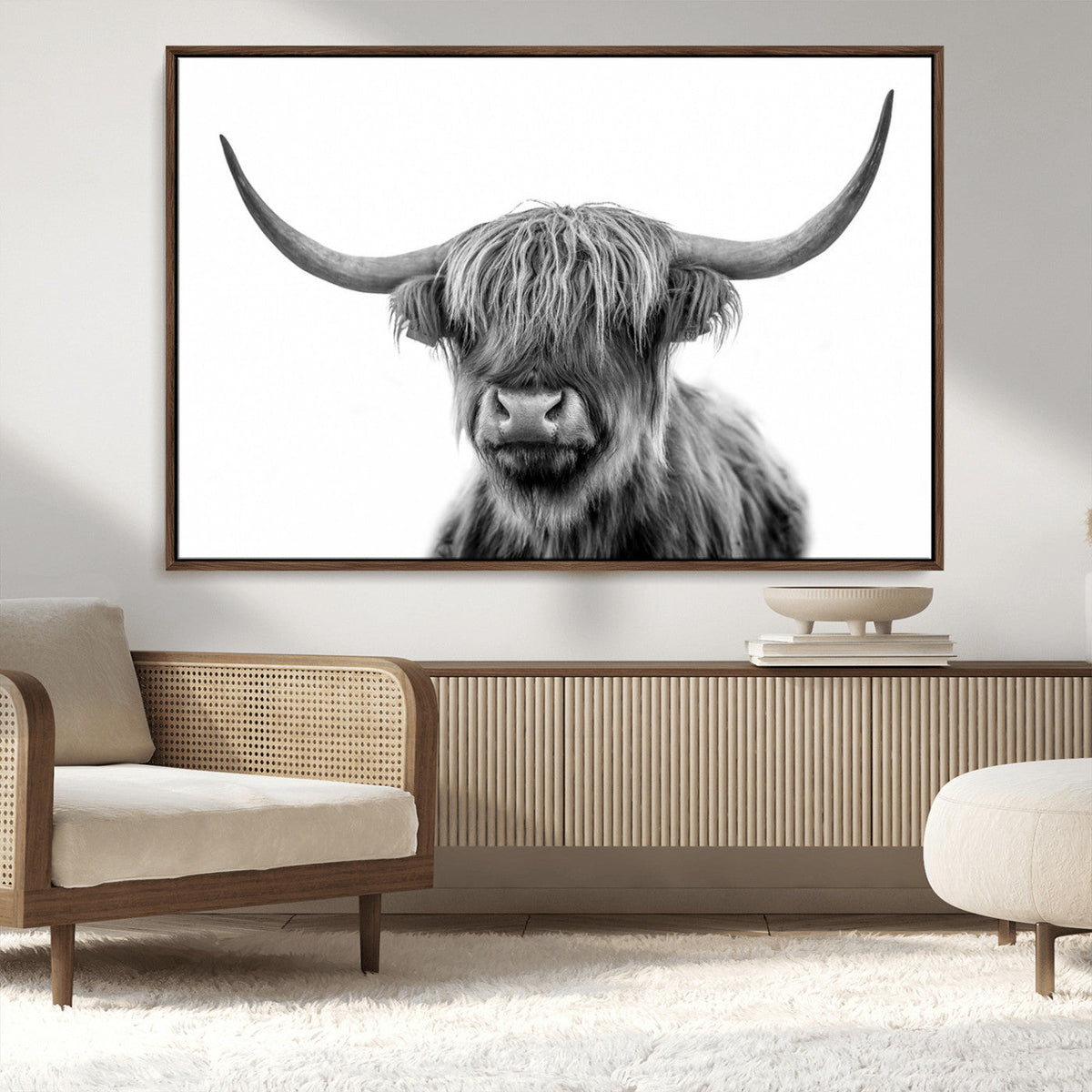 Grayscale Scottish Highland Cow Cattle Art Print Farmhouse