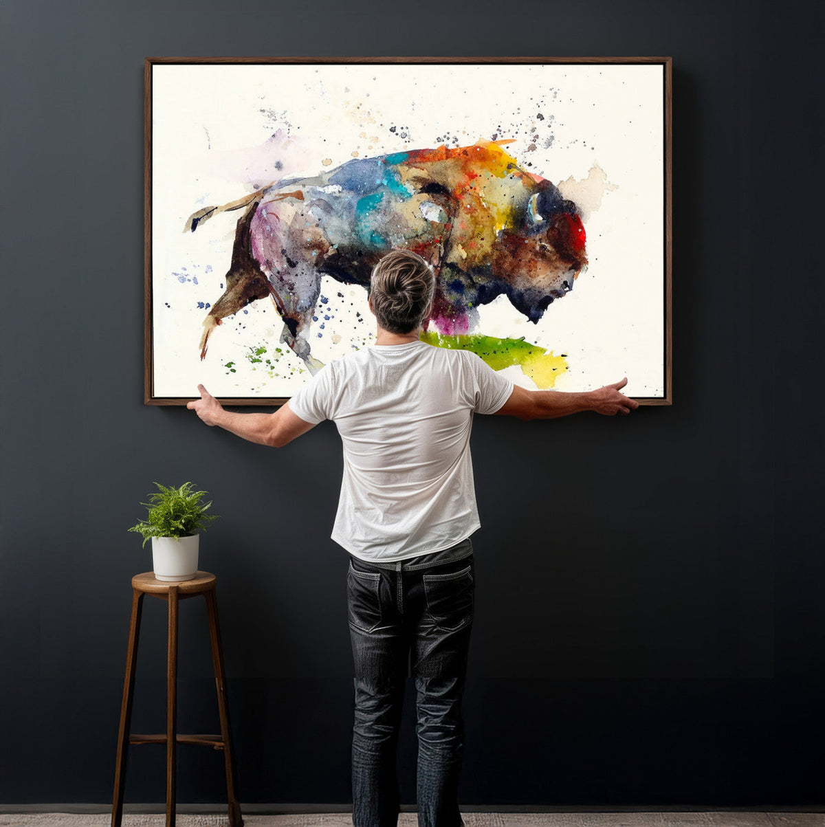 Abstract Buffalo Wall Art, Western Watercolor Bison Canvas