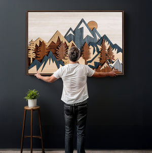 Rustic Abstract Wood Panel Effect Canvas Mountain Range Top