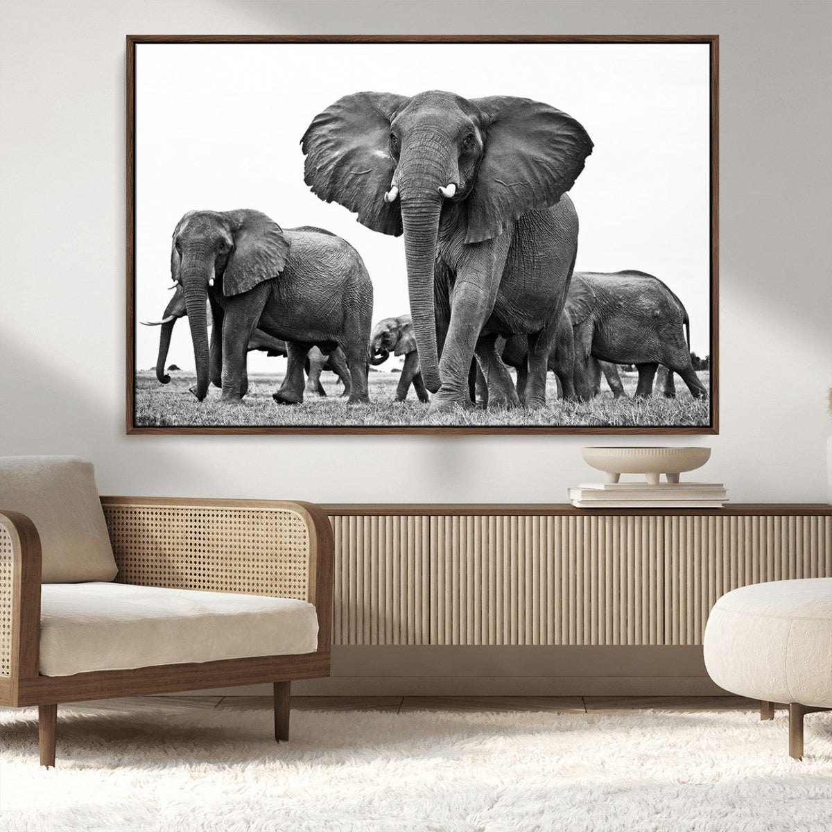 Black White Elephant Family Wall Art Canvas Print
