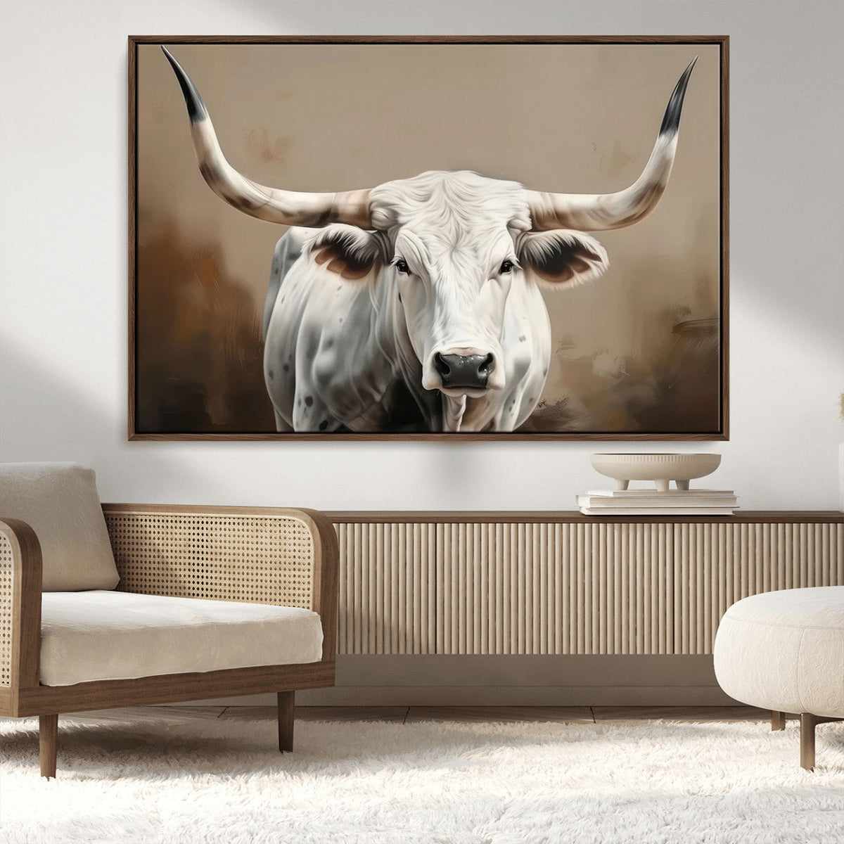 White Longhorn Bull Wall Art Canvas Print – Framed and Ready