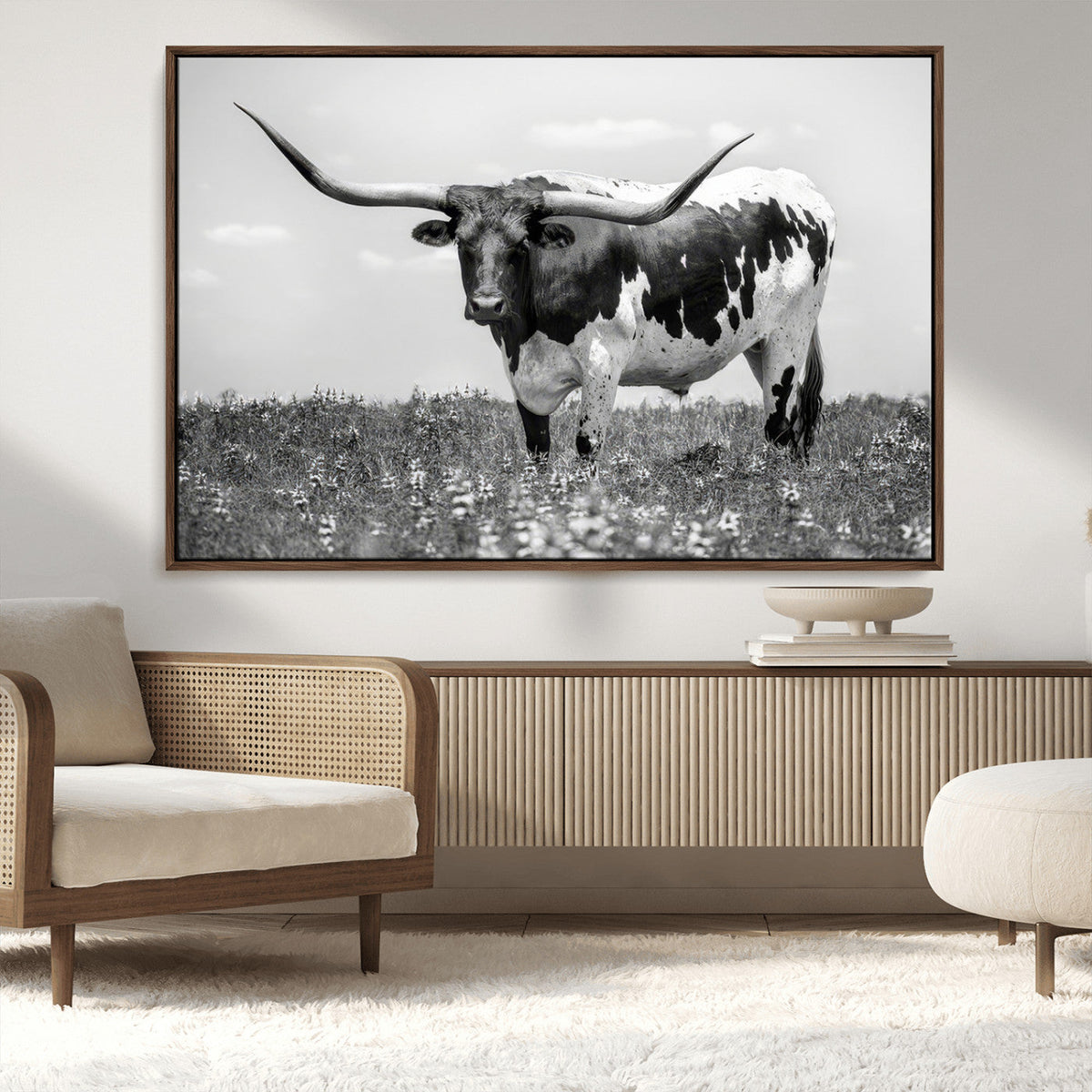 Texas Black White Highland Longhorn Cow Wall Art Canvas