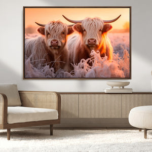 Highland Cows at Sunrise Wall Art Canvas Set – Serene and