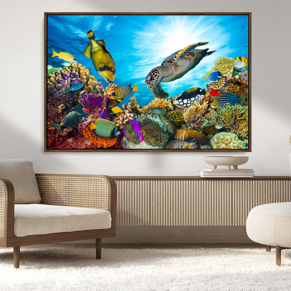 Colorful Coral Reef and Sea Life Turtle Canvas Print,