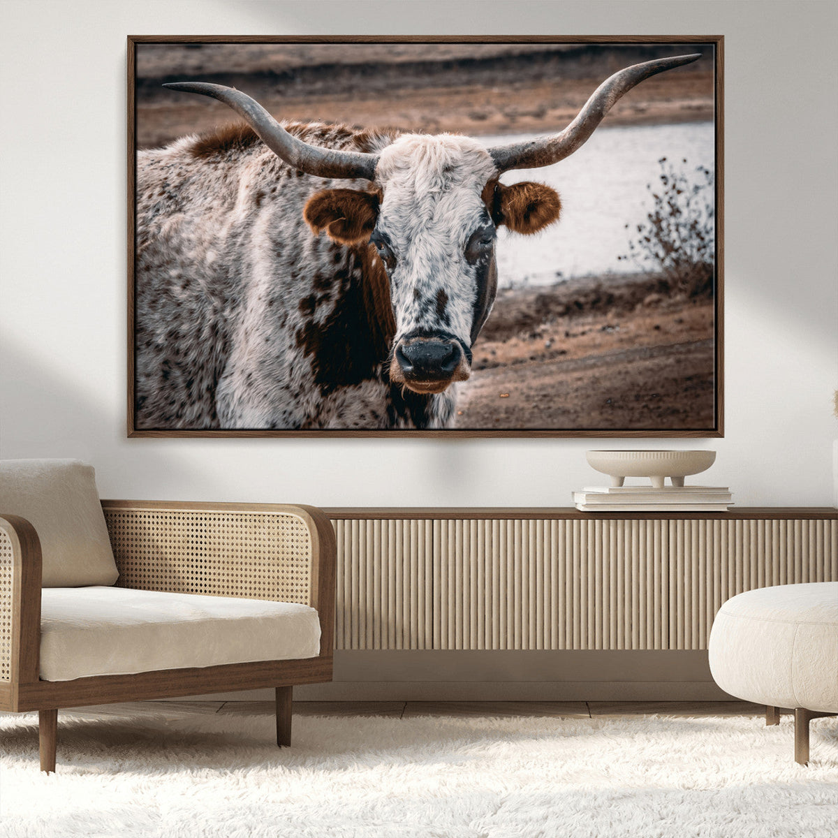 Texas Longhorn Wall Art Canvas Print – Framed Spotted Bull