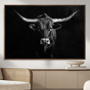 Texas Longhorn Wall Art Canvas Print – Framed Monochrome