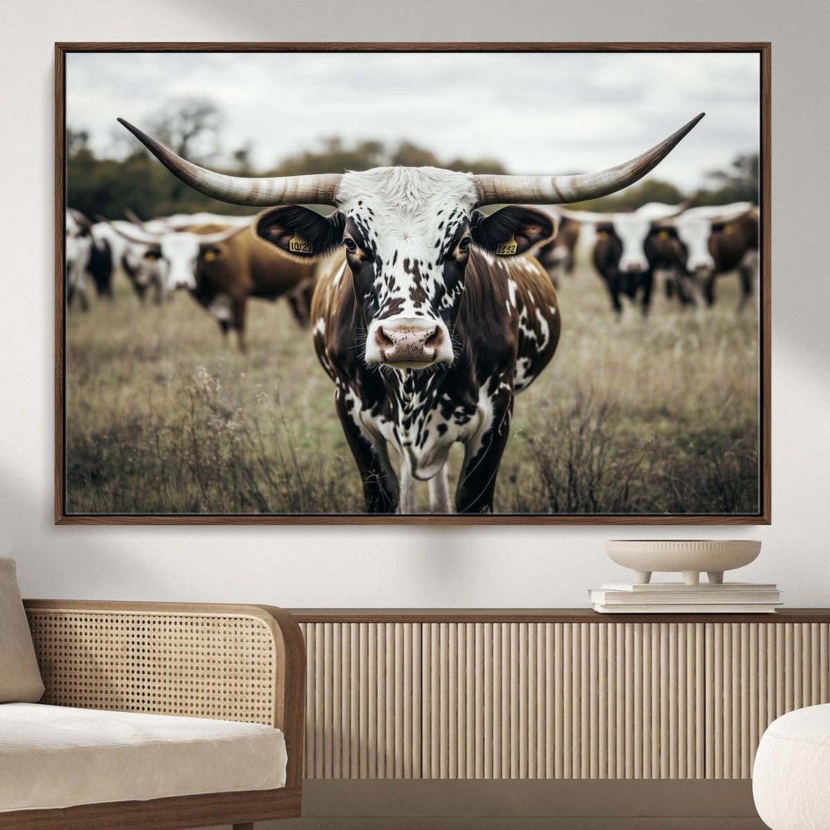 Texas Longhorn Wall Art – Framed Speckled Cow Canvas