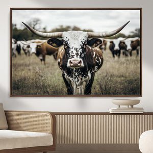 Texas Longhorn Wall Art – Framed Speckled Cow Canvas