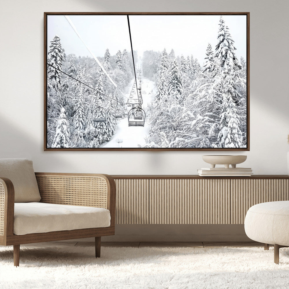 Snowy Ski Lift Wall Art – Framed Winter Mountain Canvas