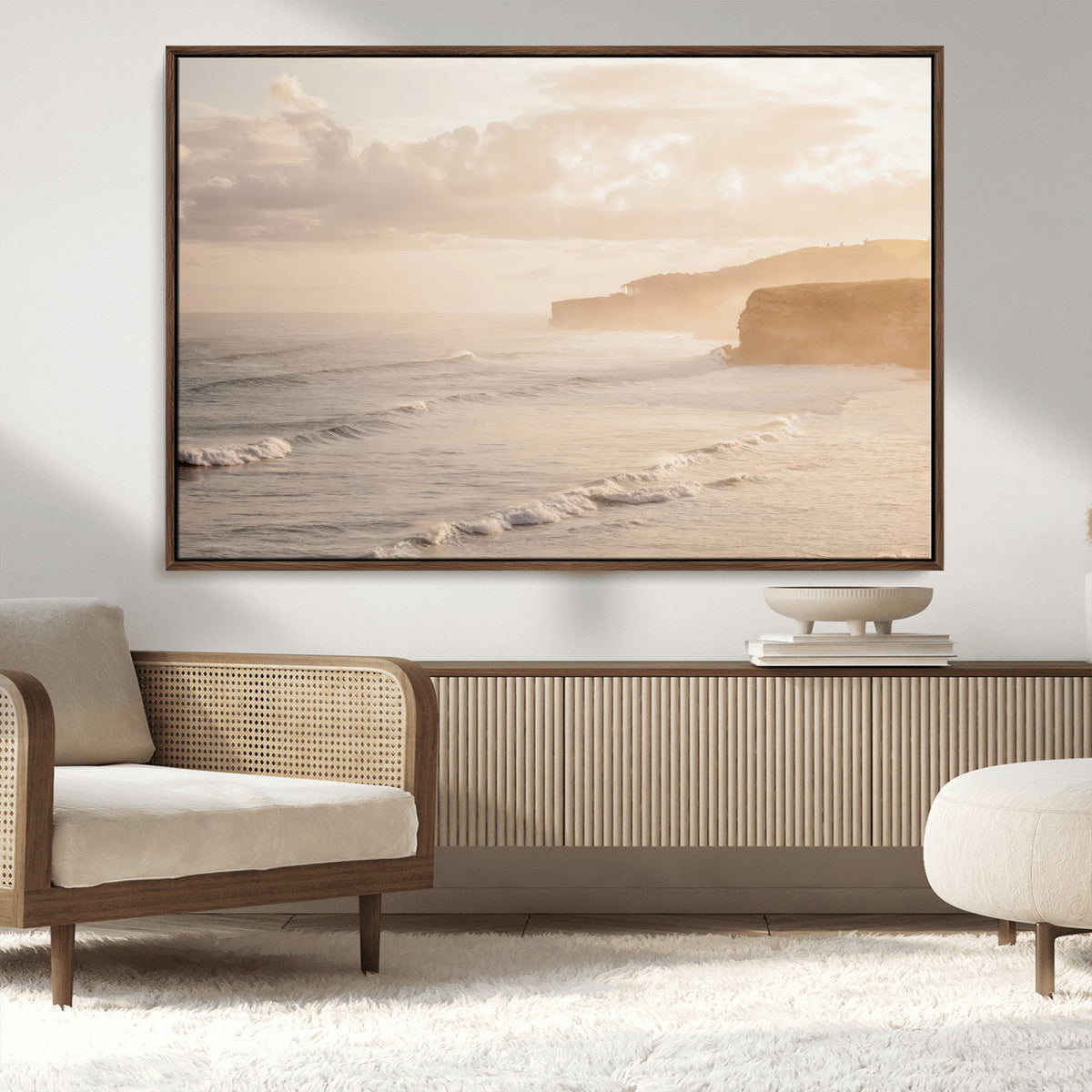 Misty Coastal Wall Art Canvas Print – Framed Golden Sunset