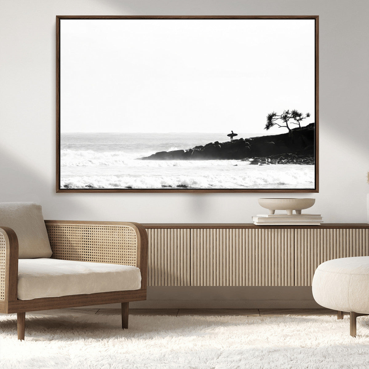 Surfer Cliffs Wall Art Canvas Print – Framed Black White