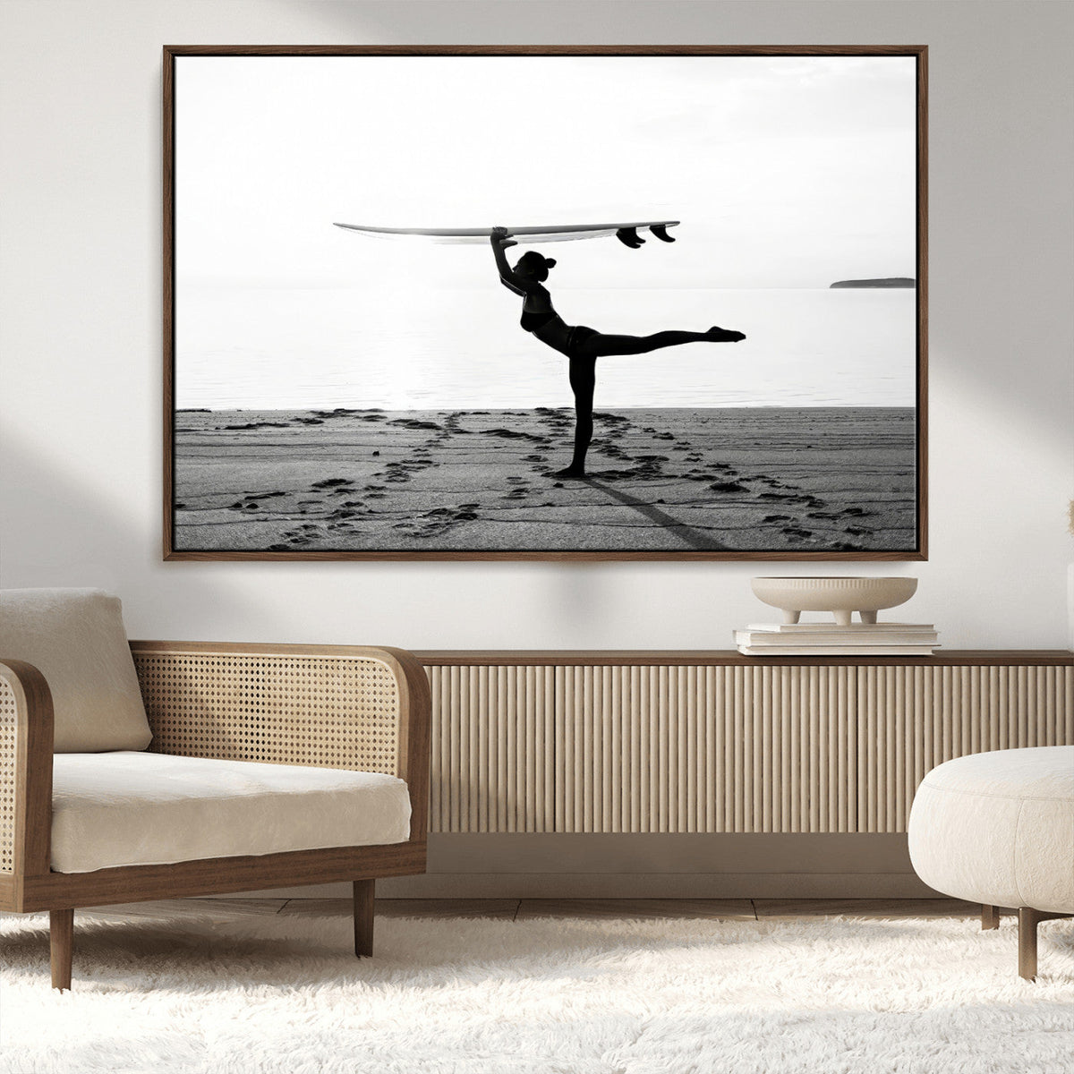Yoga Surf Wall Art Canvas Print – Framed Black White Shore